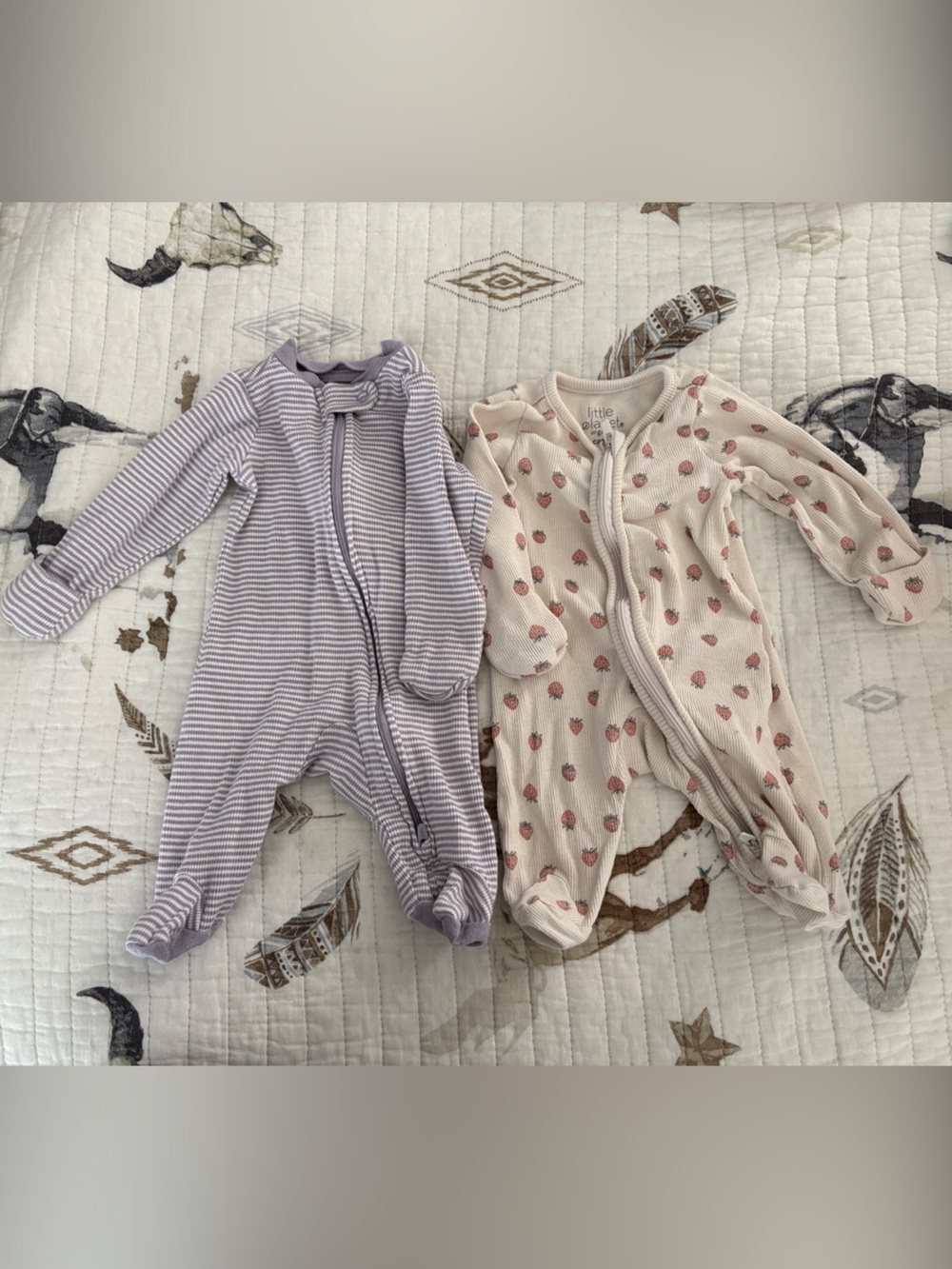 2-Pack Baby Zipper Footed Sleepers - Lavender Stripe & Cream with Strawberries